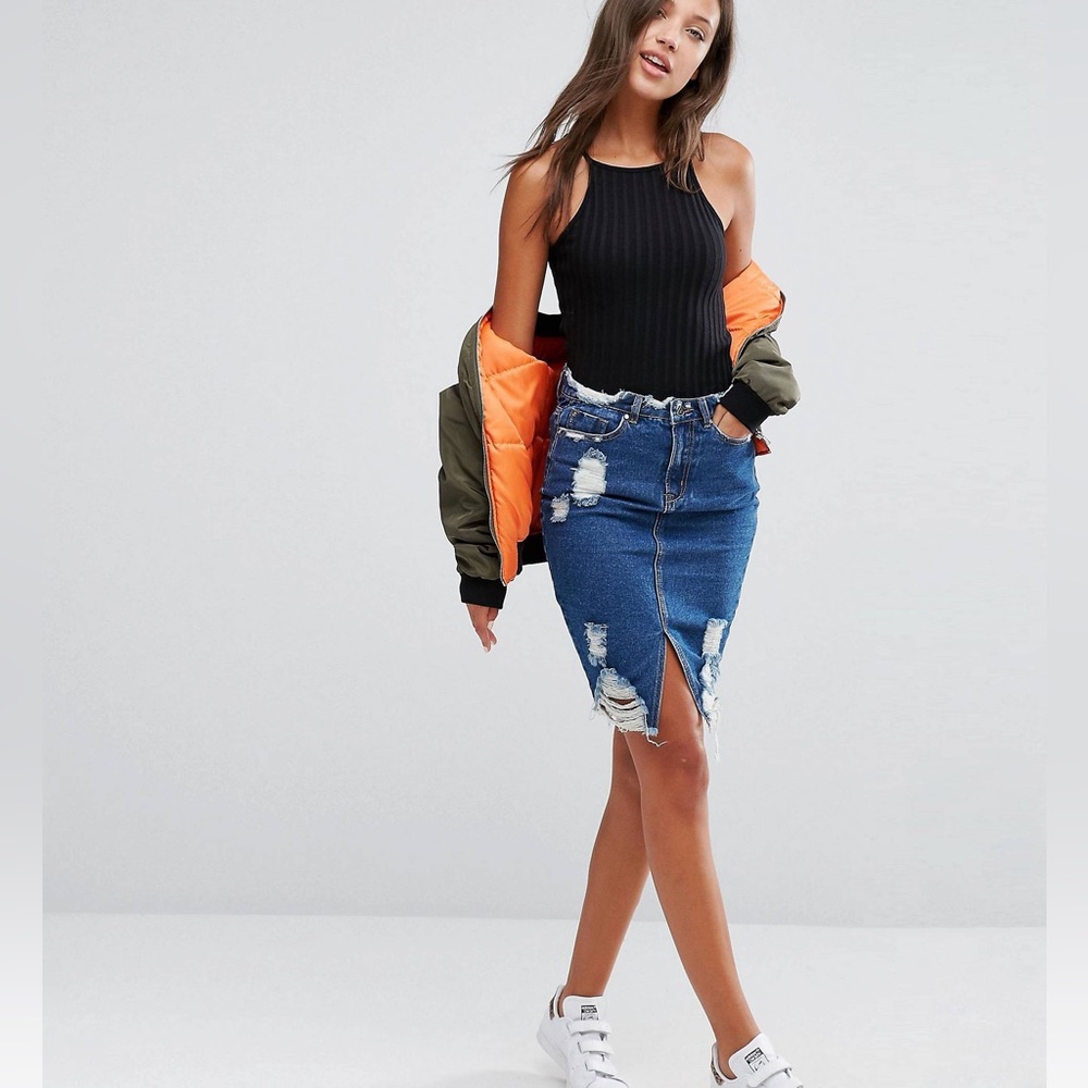 Missguided Tall Destroyed Hem Denim Skirt